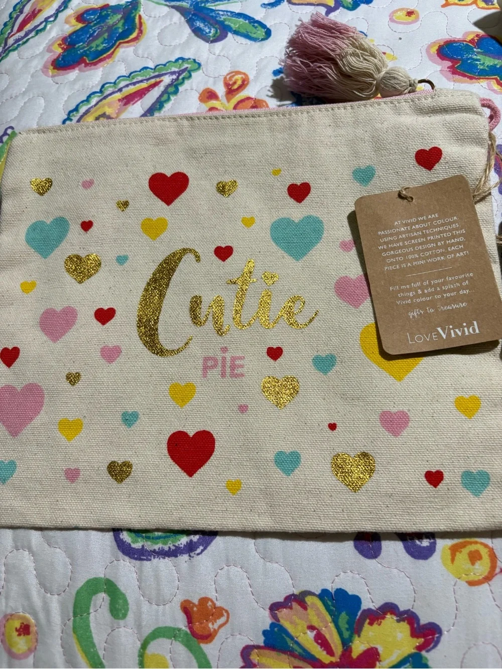 Heart Canvas Cosmetic Pouch - Cream with Pink & Gold